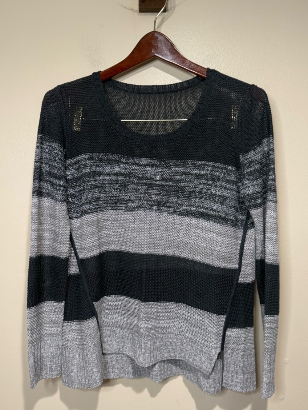 Eileen Fisher Gray Colorblock 100% Organic Linen Knit Pullover Sweater Size XS‎